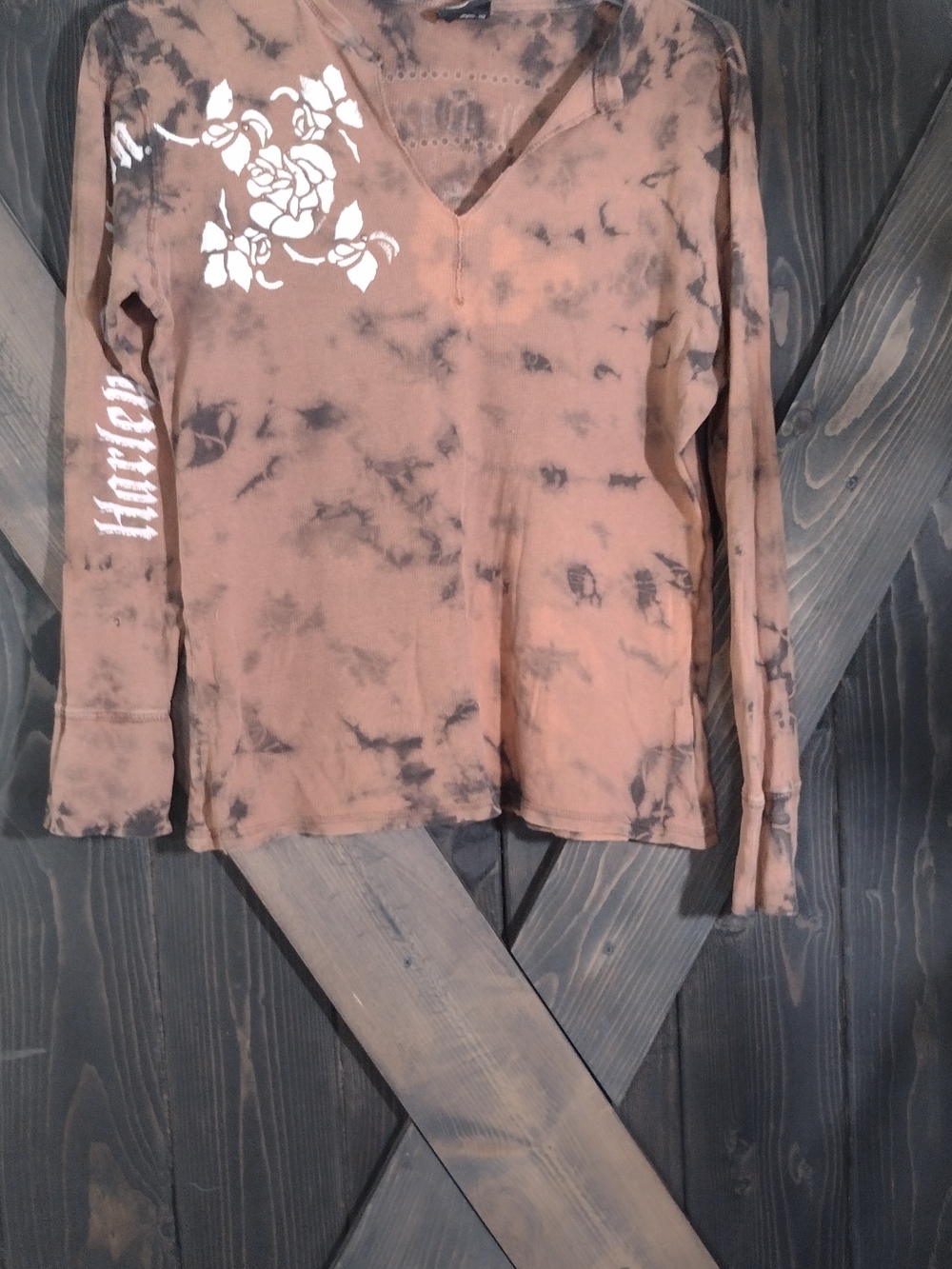 Harley-Davidson Brown Long Sleeve V-Neck Burn Out Thermal Top Size Medium